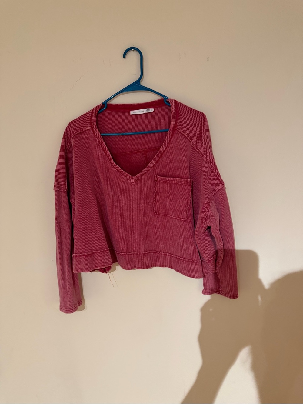 Altar'd State Washed Rose V-Neck Pocket Long Sleeve
